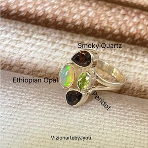 925 Sterling Silver Ring with Ethiopian Opal, Smoky Quartz,& Peridot, Adjustable